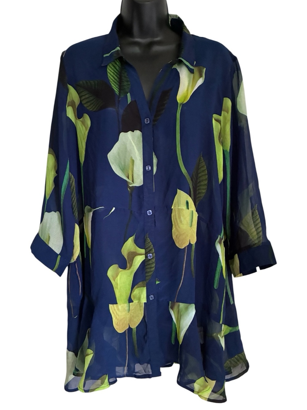NWT Sheer Botanical Whimsigoth Garden Party Artsy Nature Navy Floral Tunic Sz XL